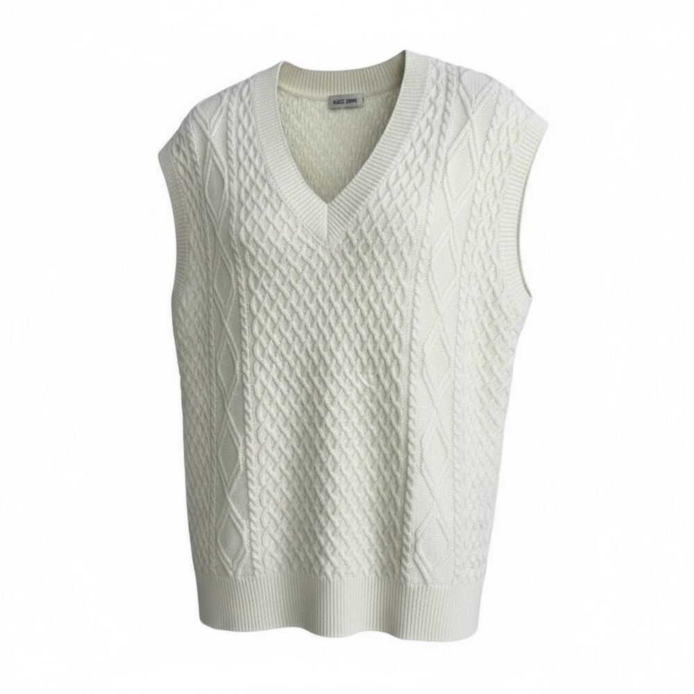 Grace Karin V-Neck Cable Knit Cap Sleeve‎ Pullover Sweater Off White Size XL